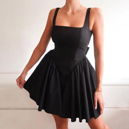 Damen Kurzkleid Quadratausschnitt Fließender Rock