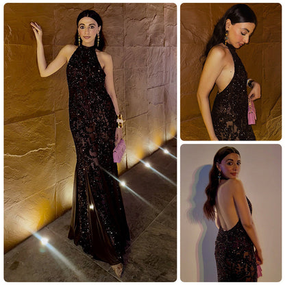 Damen Abendkleid Paillettenbesatz Halterdesign Schwarz - Norvielle
