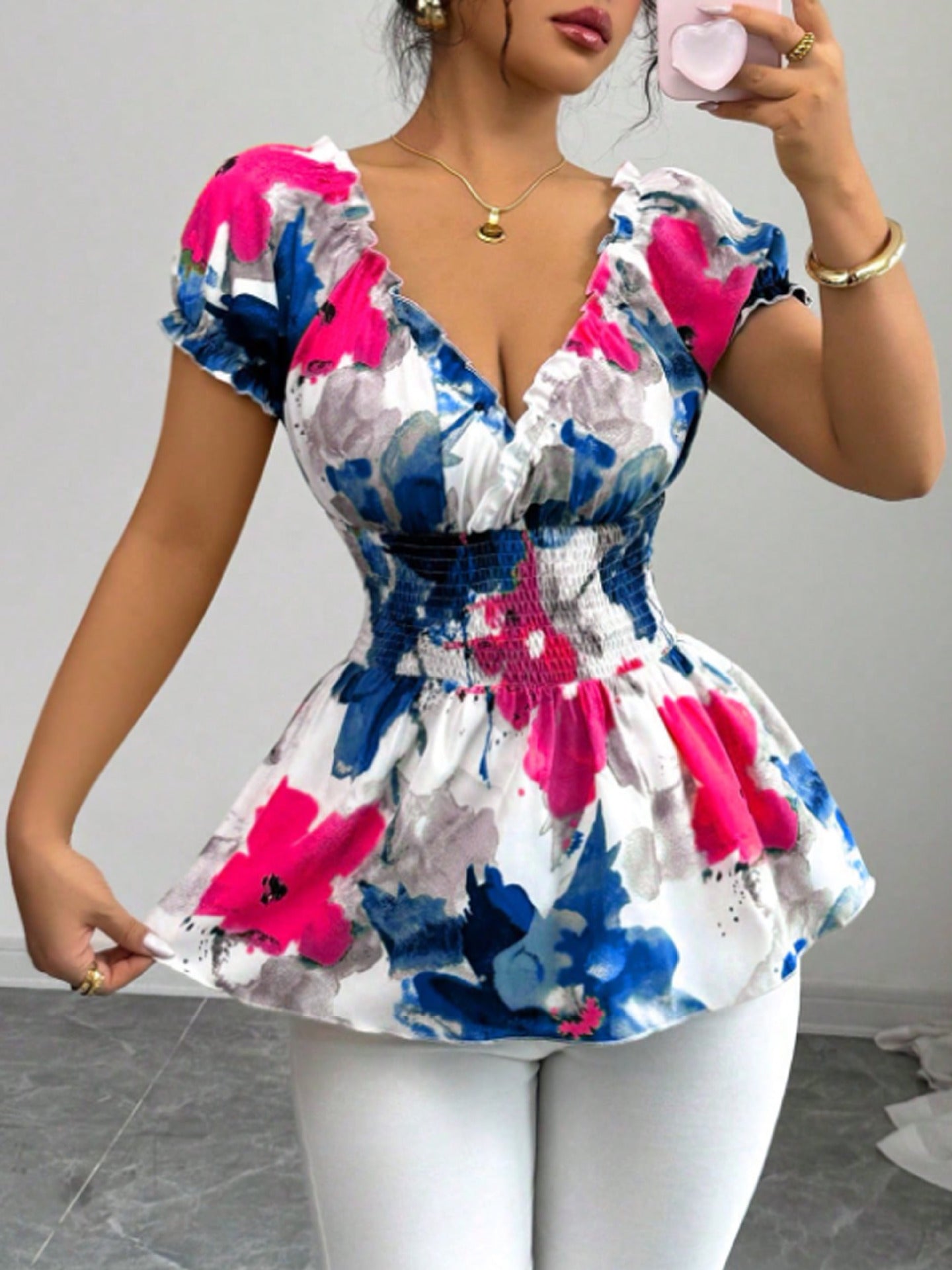 Damen Bluse Elastisch Rüschen Blume Weiss