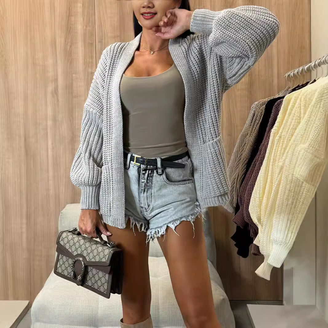 Damen Strickjacke Voluminöse Ärmel Taschen Norvielle
