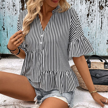 Damen Blusenshirt Gestreift Rüschendetails Taschen Norvielle