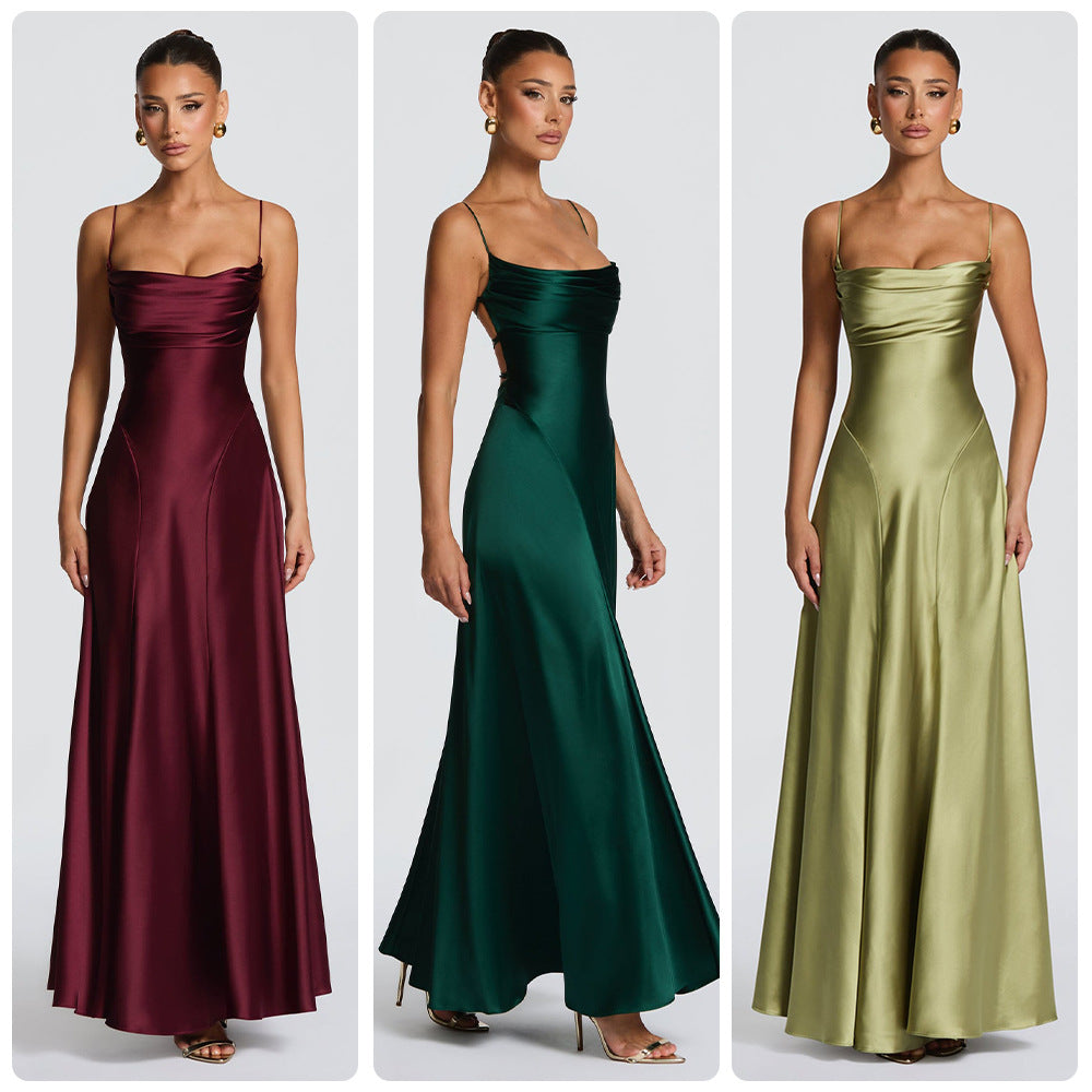 Damen Maxikleid Satin Elegantes Design Spaghetti-Träger Schwarz - Norvielle