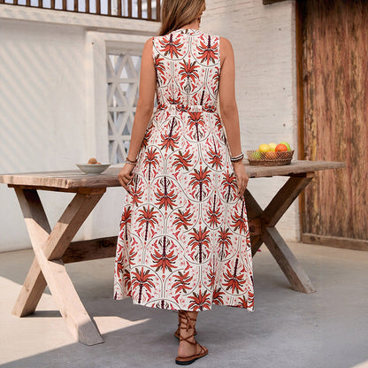 Damen Maxikleid Tropisches Muster Baumwolle Taillengürtel Norvielle