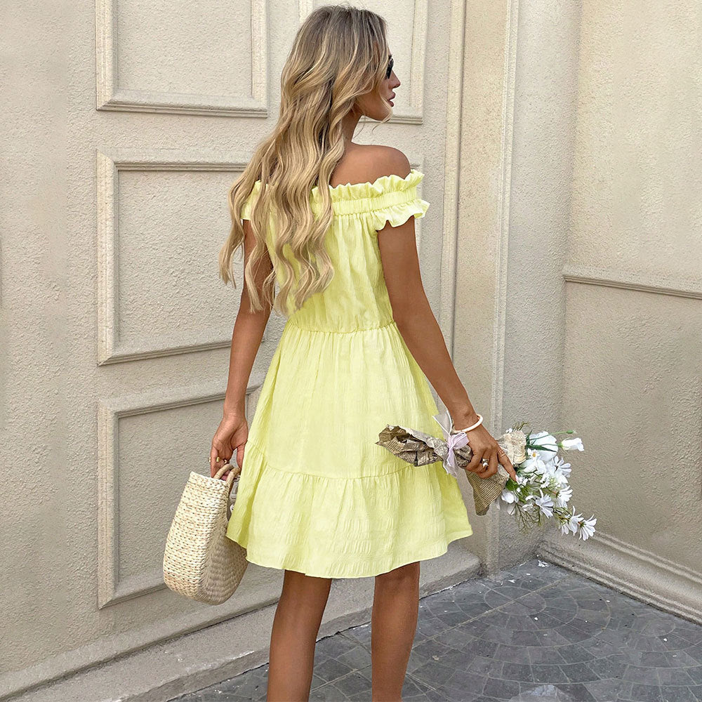 Damen Sommerkleid Kurz Schulterfrei Rüschensaum Norvielle