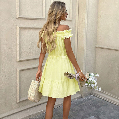 Damen Sommerkleid Kurz Schulterfrei Rüschensaum Norvielle