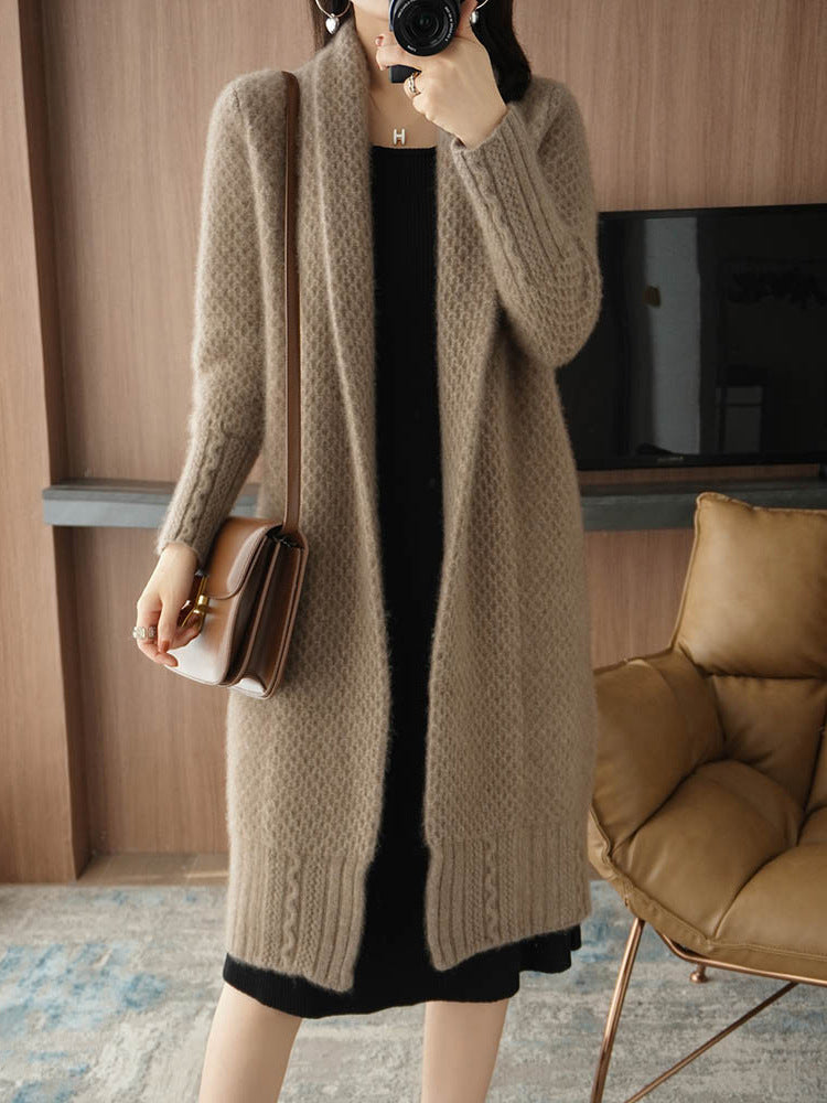Damen Strickjacke Offene Front Zopfmuster Beige