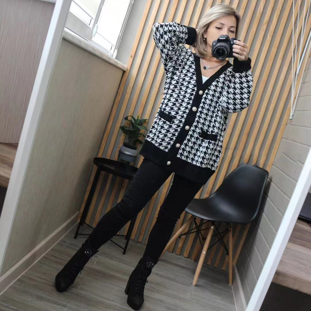 Damen Strickcardigan Hahnentrittmuster Große Knöpfe