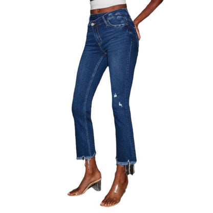 Damen Flared Jeans Destroyed Effekt Franser Saum