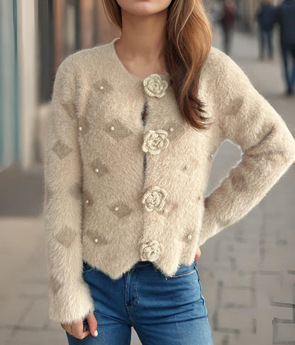 Damen Strickjacke Blumenapplikationen Perlenakzente Norvielle