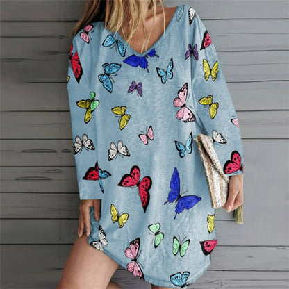 Damen Freizeitkleid Bunt Schmetterlingsmuster V-Ausschnitt