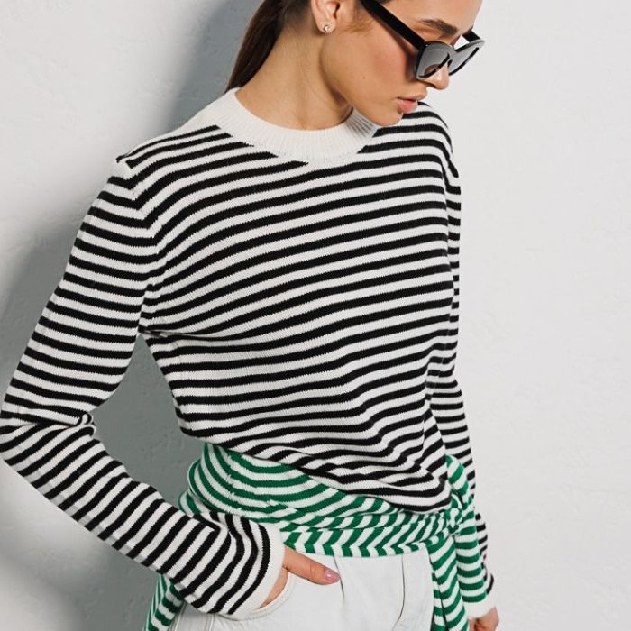 Damen Langarmpullover Weicher Baumwollmix Streifenmuster