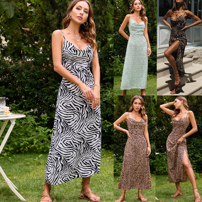 Damen Maxikleid Zebra-Print V-Ausschnitt Schwarz-Weiß - Norvielle