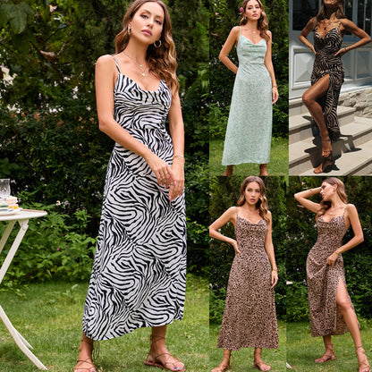 Damen Maxikleid Zebra-Print V-Ausschnitt Schwarz-Weiß - Norvielle