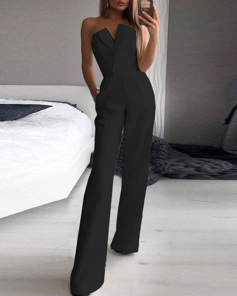 Damen Jumpsuit V-Ausschnitt Weites Bein Norvielle