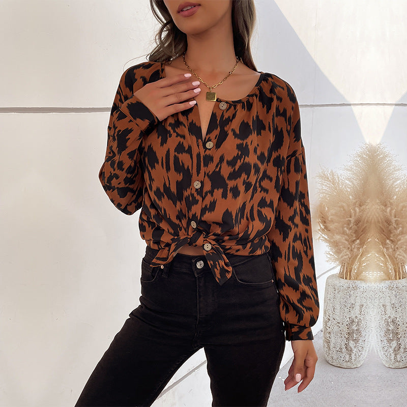 Damen Bluse Animalprint Knotenverschluss Norvielle