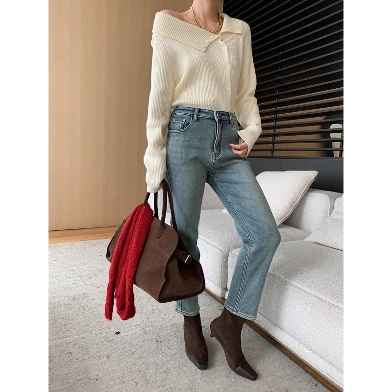 Damen Strickjacke Gestreift Hochkragen Praktische Taschen Norvielle