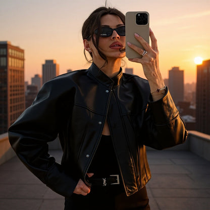 Damen Kunstlederjacke Stehkragen Strukturiert Schwarz - Norvielle