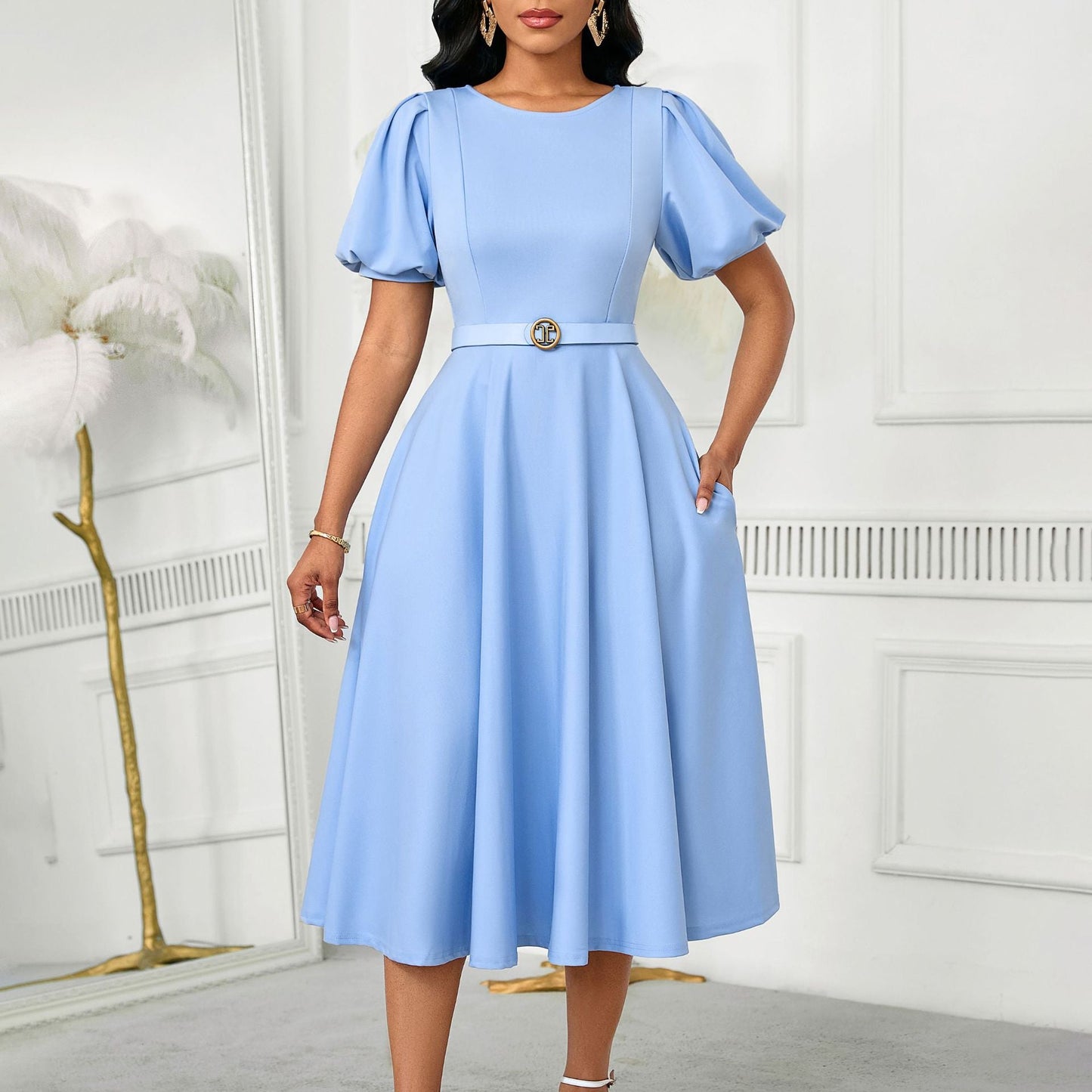 Damen Midi-Kleid Puffärmel Taillengürtel - Norvielle