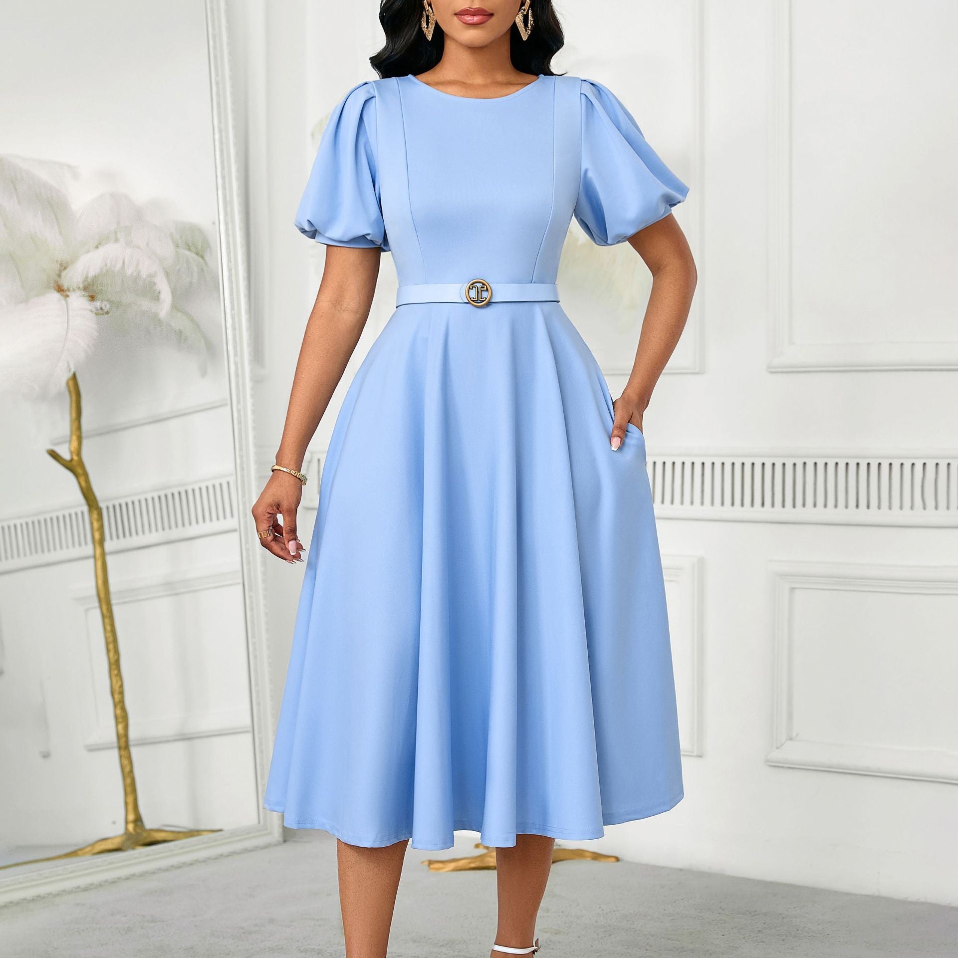 Damen Midi-Kleid Puffärmel Taillengürtel - Norvielle
