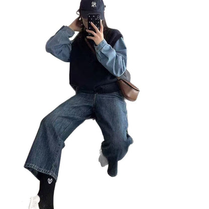 Damen Strickpullover Denim Ärmel Norvielle