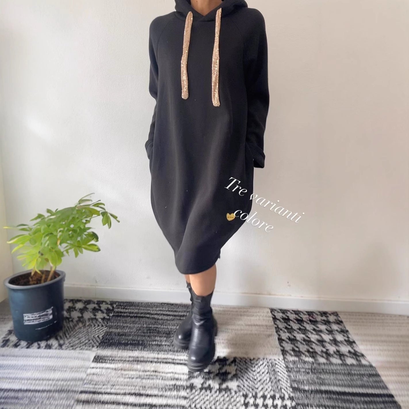 Damen Oversize Kapuzenkleid Glitzernd Schwarz - Norvielle