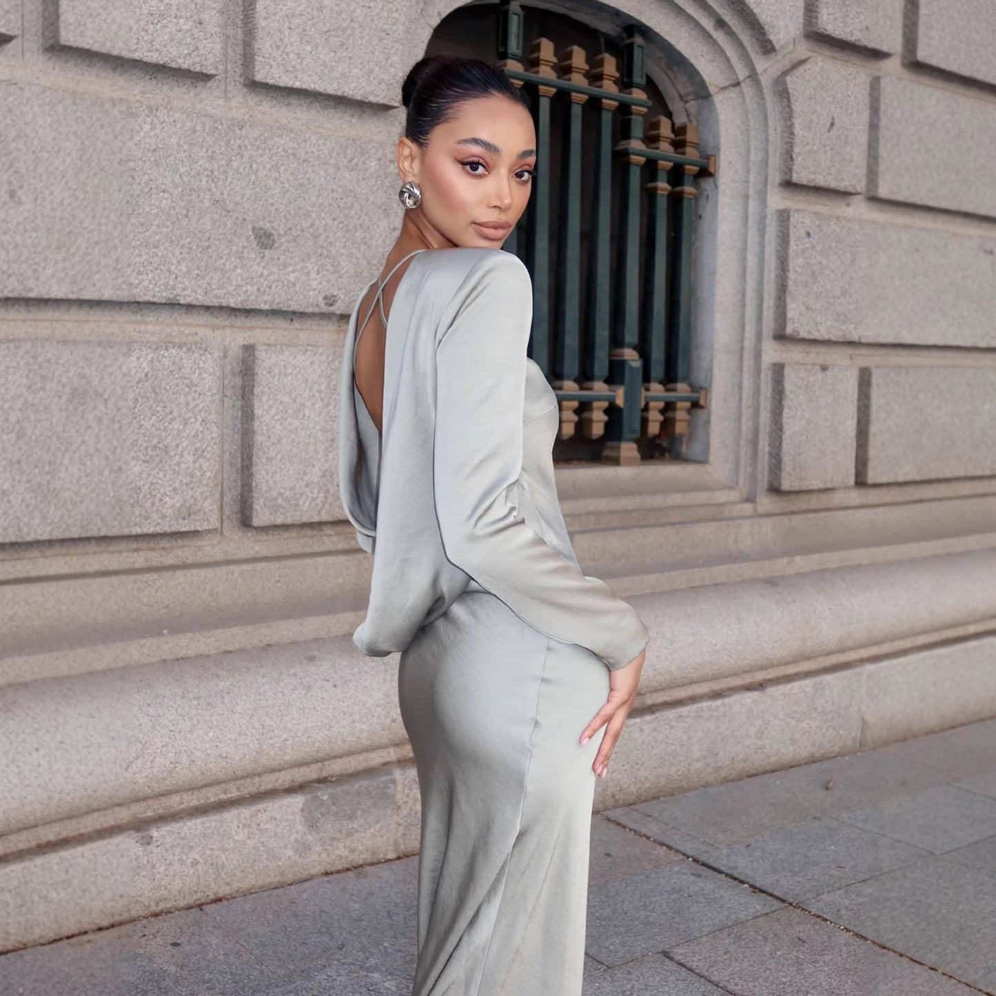 Damen Langarmkleid Satin Glänzend Figurbetonter Schnitt