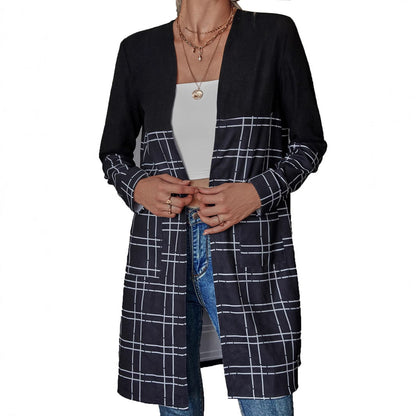 Damen Blazer Lang Karomuster Weiß