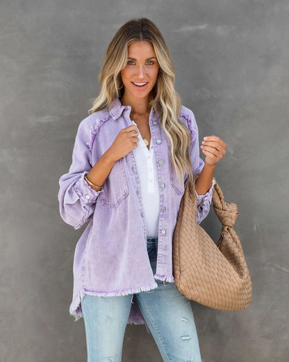 Damen Denim-Hemdjacke Oversized mit Fransen Detail