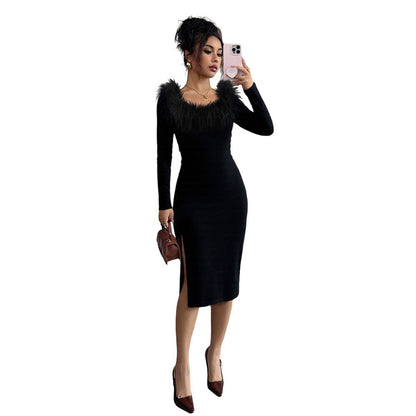 Damen Midi-Kleid mit Federverzierung und seitlichem Schlitz