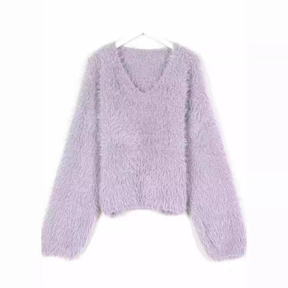 Damen Pullover V-Ausschnitt Flausch Norvielle Langarm Glitzer