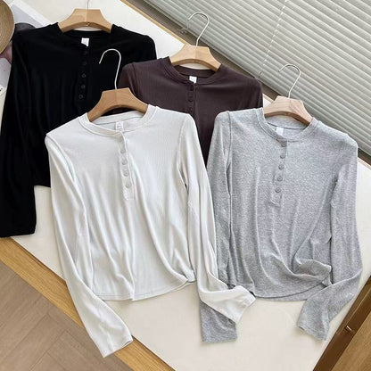 Damen Langarmshirt Baumwollmix Weich Knöpfe