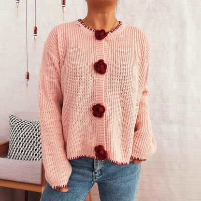 Damen Strickjacke Florale Knöpfe Strukturierter Look Beige
