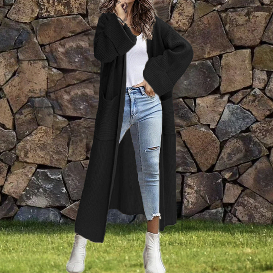 Damen Strickmantel Grobstrick Lässiger Schnitt Tiefen Taschen