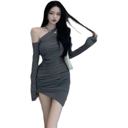 Damen Minikleid Asymmetrischer Ausschnitt Figurbetont