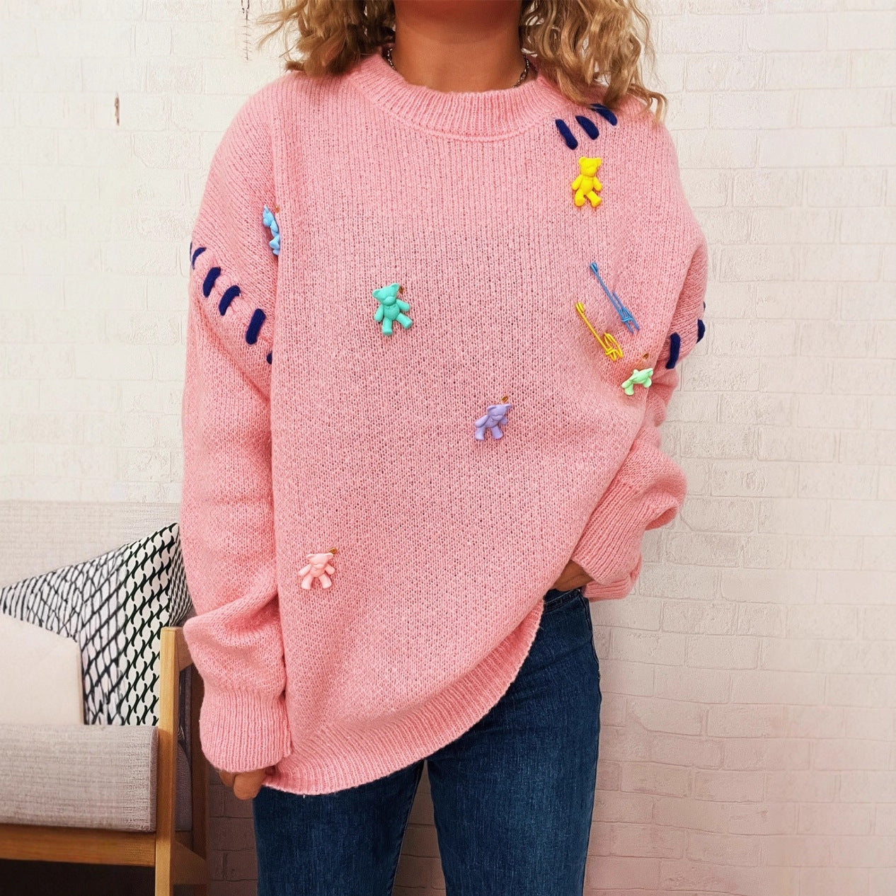 Damen Pullover Bunt Applikationen Weitschnitt - Norvielle