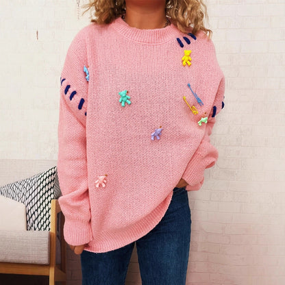 Damen Pullover Bunt Applikationen Weitschnitt - Norvielle