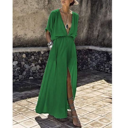 Damen Maxikleid V-Ausschnitt Hochschlitz Norvielle