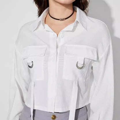 Damen Cropped Hemdbluse mit Taschen Modern