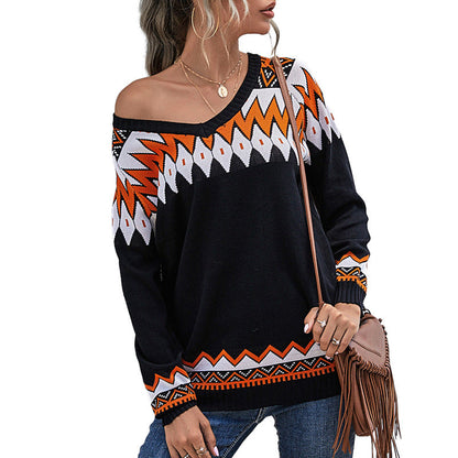 Damen Strickpullover Asymmetrischer Ausschnitt Kunststoffmuster