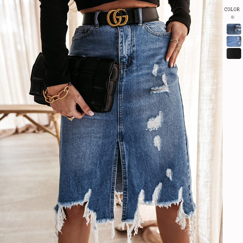 Damen Denim-Rock Asymmetrisch Destroyed Blau - Norvielle