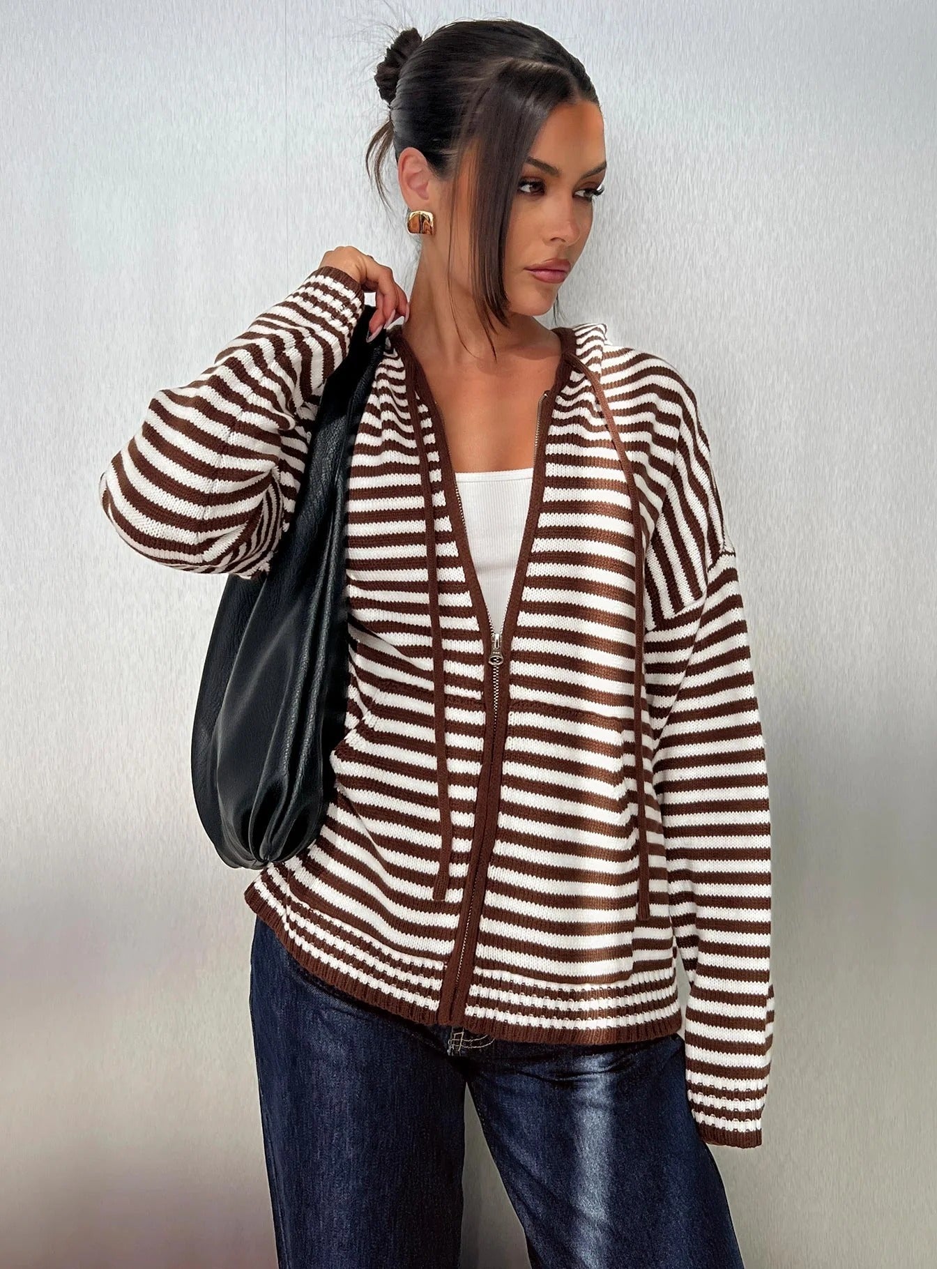 Damen Strickjacke Gestreift Mit Reißverschluss Beige