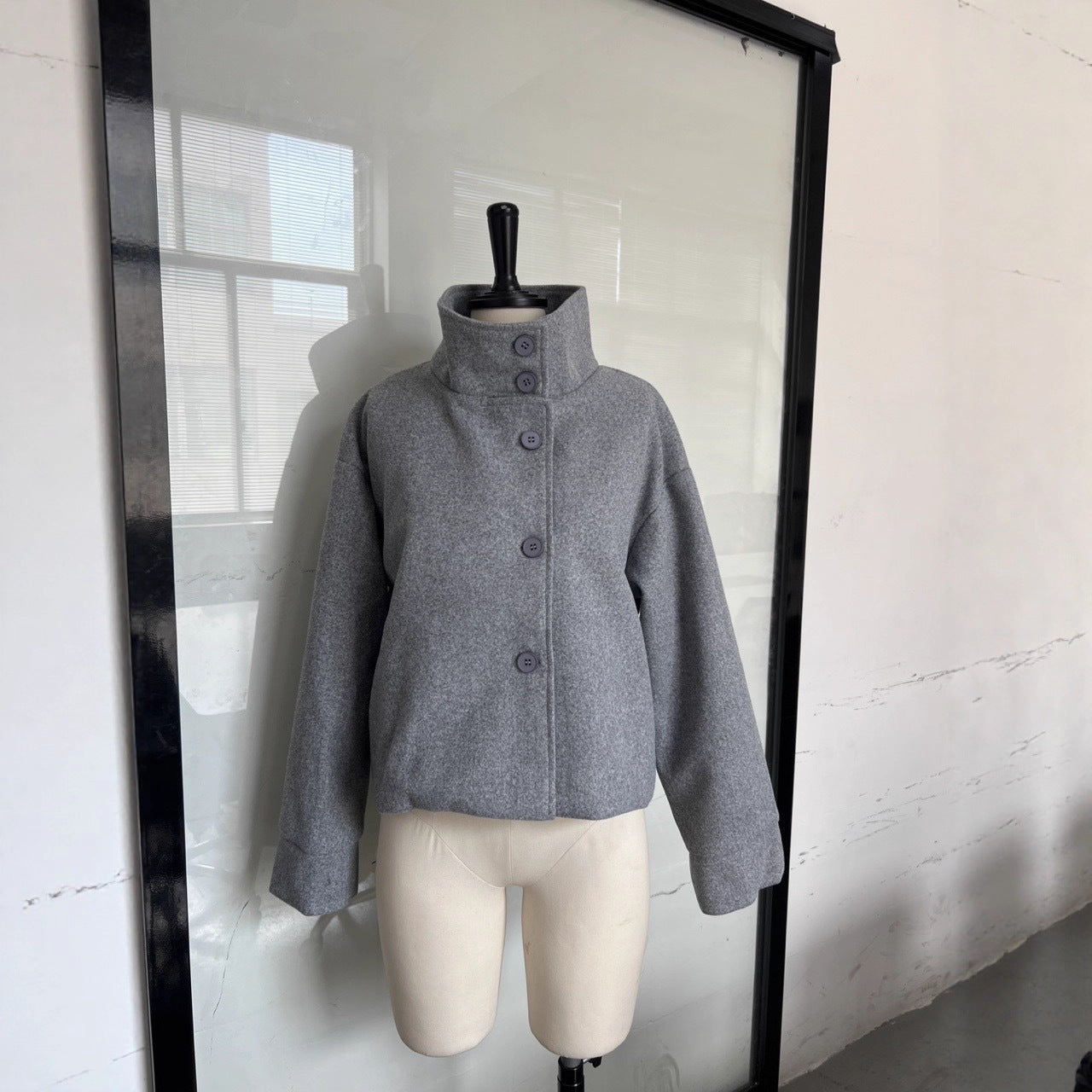 Damen Oversized Jacke Hochschließend Knopfdetails