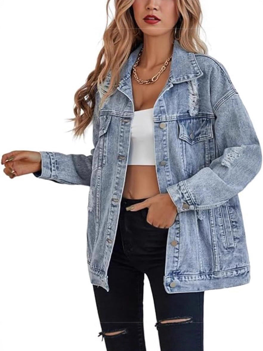 Damen Oversized Denimjacke Ripped Details