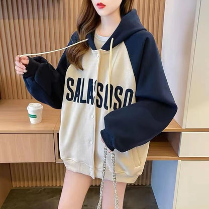 Damen Sportliche Kapuzenjacke Lässiger Schnitt Mit Schriftzug Schwarz - Norvielle