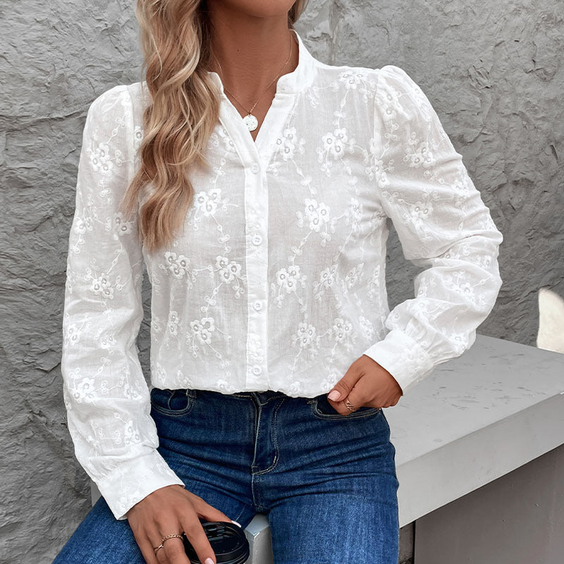 Damen Bluse Florales Stickdesign Puffärmel Norvielle