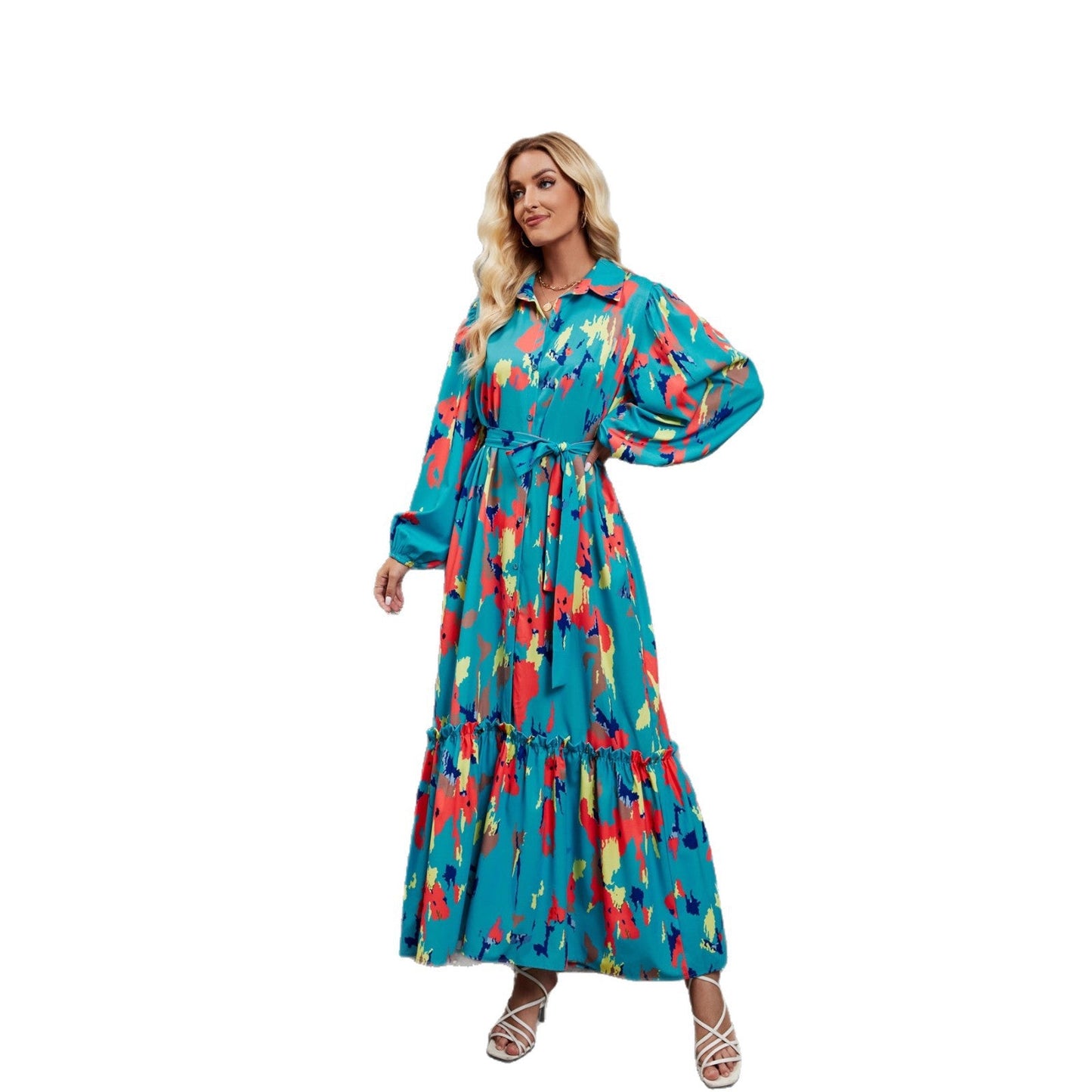 Damen Maxi-Kleid Langarm Floralmuster