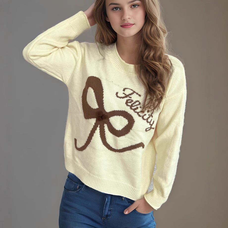 Damen Pullover Weiches Material Schleifenmuster Beige