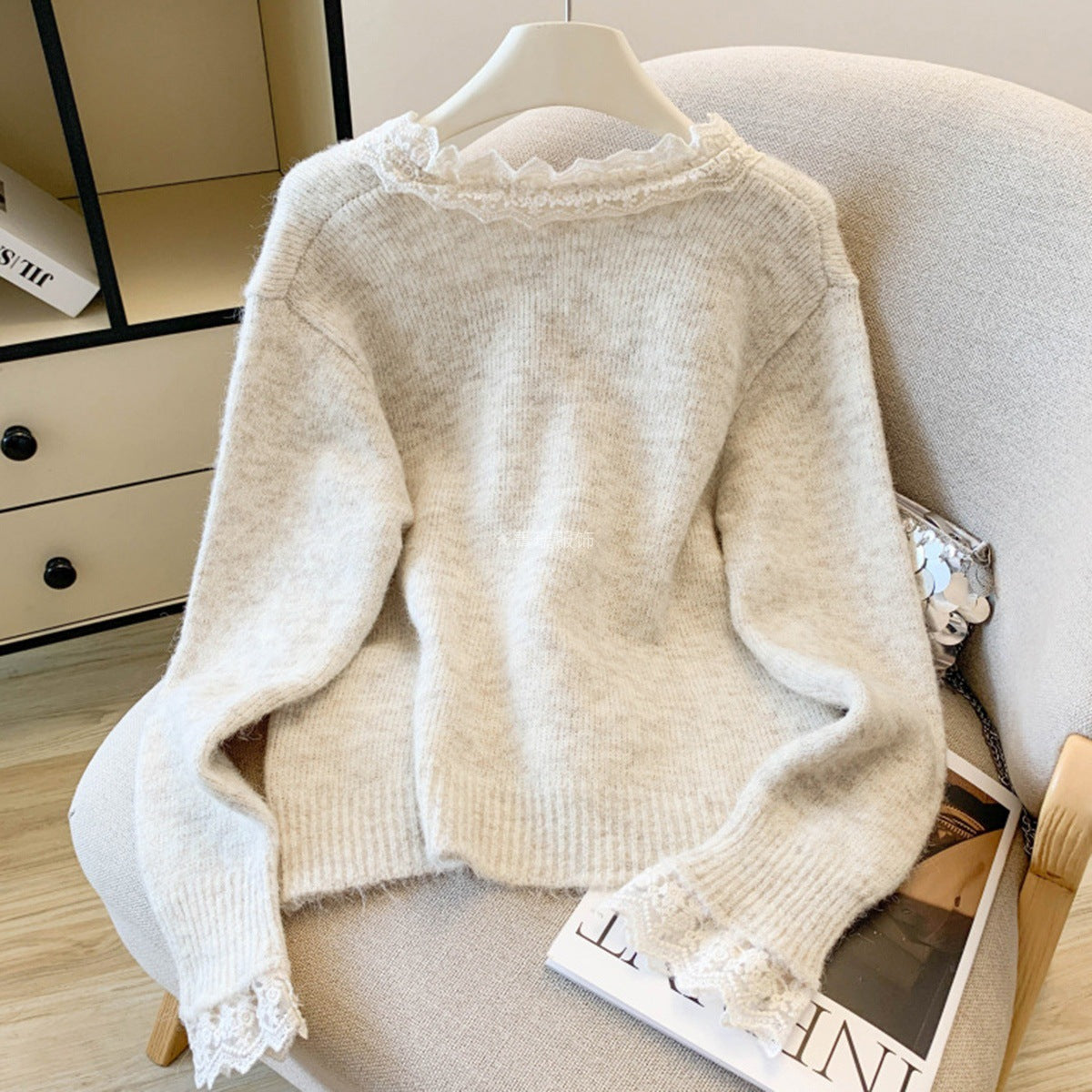 Damen Strickpullover Spitzenverzierung Norvielle