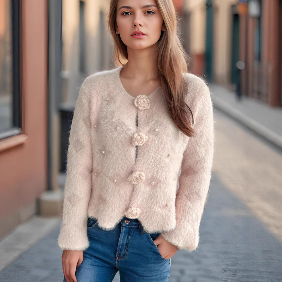 Damen Strickjacke Blumenapplikationen Perlenakzente Norvielle - Norvielle