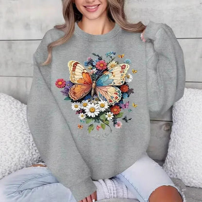 Damen Sweatshirt Langarm Floralmuster Schmetterling Norvielle